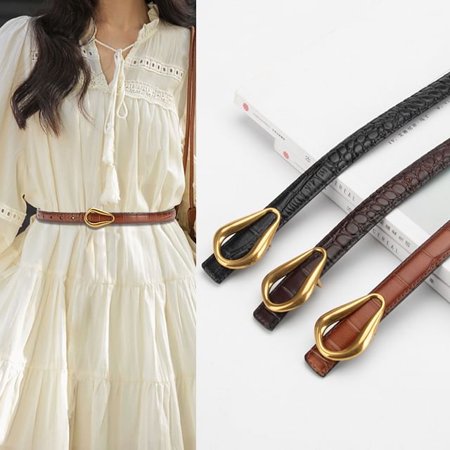 Rofuka-Irregular Buckle Genuine Leather Slim Belt