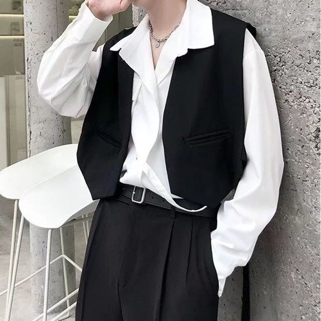 Adothuiastic-V-Neck Plain Crop Open Front Vest Long-Sleeve Collared Plain Shirt