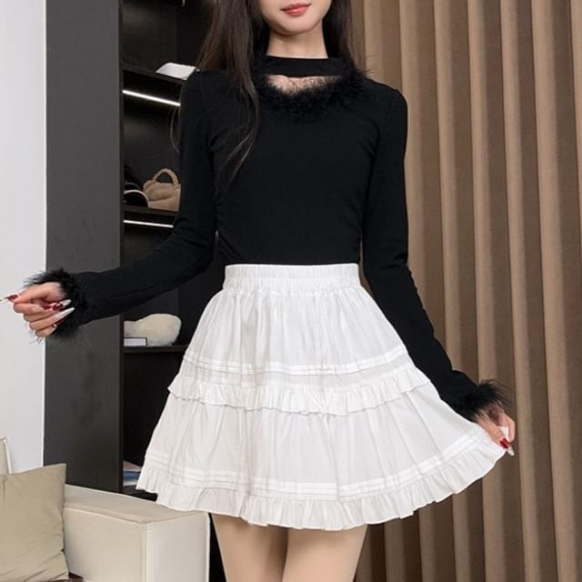 Woohan-High Rise Dotted Ruffled Mini A-Line Skirt