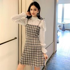 EFO(イーエフオー) - Set: Dotted Ruffle Trim Blouse + Plaid Spaghetti Strap Mini A-Line Dress EFO(イーエフオー) - Set: Dotted Ruffle Trim Blouse + Plaid Spaghetti Strap Mini A-Line Dress