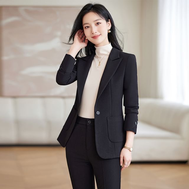 Skyheart-One Buttoned Plain Blazer Suit Pants Set