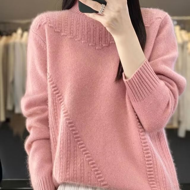 Jeonseon-Mock Neck Plain Cable Knit Sweater