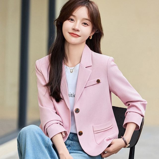 Skyheart-Lapel Collar Plain Single-Breasted Blazer