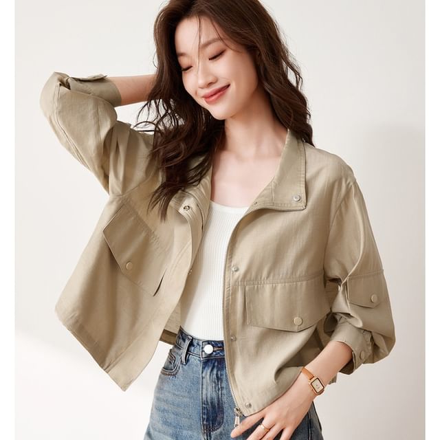 Jeonseon-Stand Collar Plain Zip Button Jacket