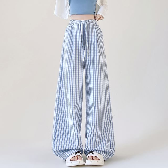 JVL-Drawstring Waist Plaid Baggy Pants
