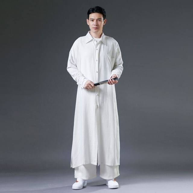 Sparrow Farm-Long Sleeve Collared Plain Slit Long Shirt