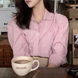 Everose-Long-Sleeve Collared Striped Button Shirt