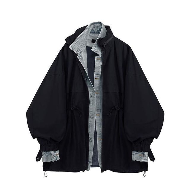 uliaque-Plus Size Denim Panel Oversized Hooded Mock Two Piece Jacket