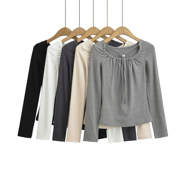 Asiris-Long Sleeve Scoop Neck Plain Tie Up Tee