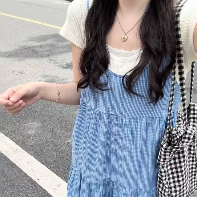 blue plaid pinafore dress Daisy Street Plaid Pinafore Dress – Dolls Kill main image 0