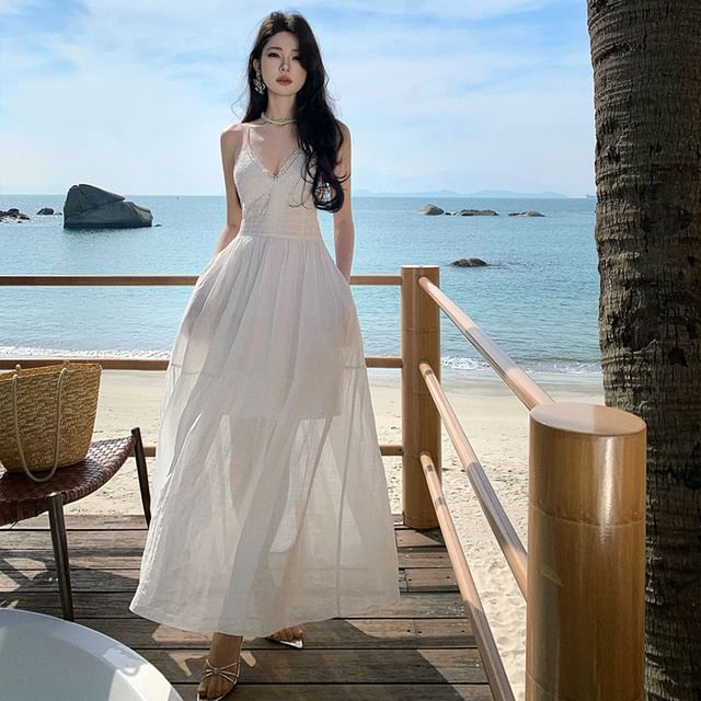 Moanum-Spaghetti Strap V-Neck Plain Maxi A-Line Dress