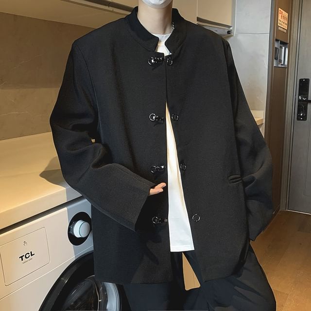 Lorencho-Stand Collar Plain Buckled Blazer