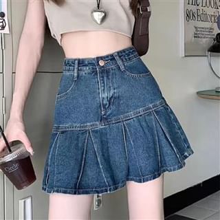 Everose-High Waist Denim Mini Pleated Skirt