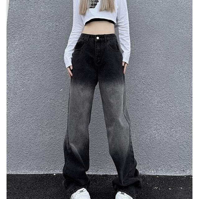 Maisee-High Waist Washed Straight Leg Jeans