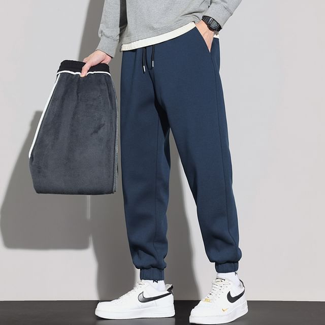 Denimic-Drawstring Waist Plain Tapered Sweatpants