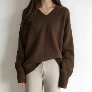 FR-Einfarbiger Pullover mit V-Ausschnitt
