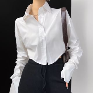 Asiris Long Sleeve Pointed Collar Plain Crop Shirt