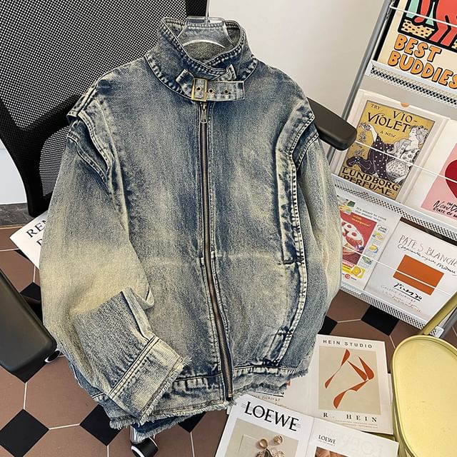 Whyessa-Washed Denim Zip Jacket