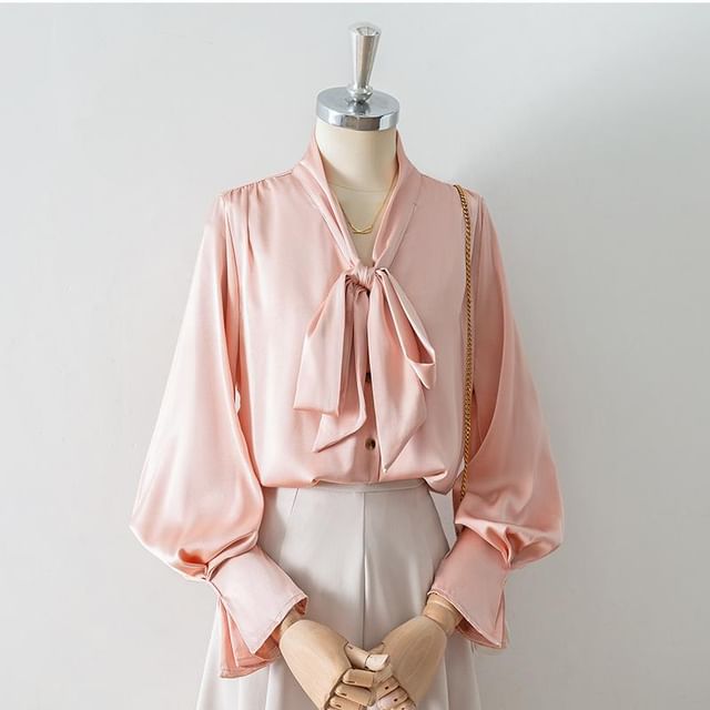 Cossita-Puff-Sleeve Tie-Neck Plain Blouse