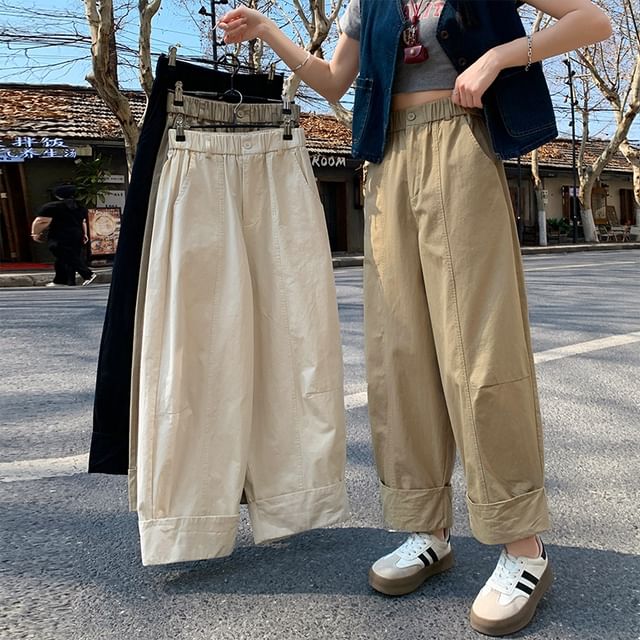 Magimomo-Elastic Waist Plain Cropped Wide Leg Pants