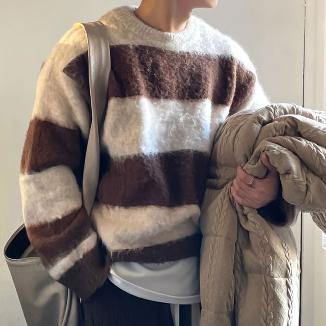 mopagrati-Crew Neck Striped Sweater
