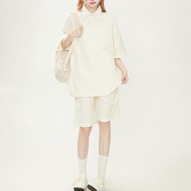 JVL-Elbow-Sleeve Plain Polo Top Shorts Set