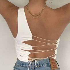 Femme Cradle - One-Shoulder Lace-Up Back Cropped Tank Top Femme Cradle - One-Shoulder Lace-Up Back Cropped Tank Top