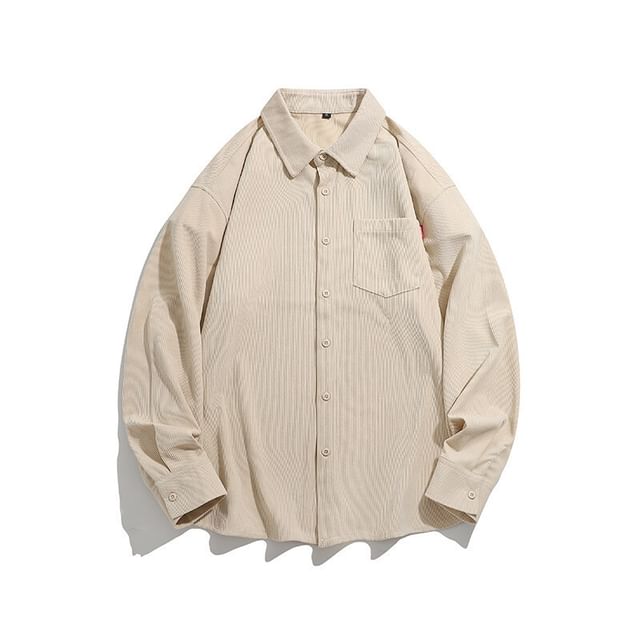 Blueforce-Long Sleeve Collared Plain Corduroy Shirt