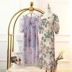 Doowex - Floral Print Puff-Sleeve Midi A-Line Dress