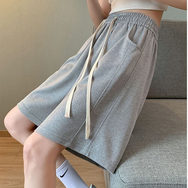 Everose-Drawstring Waist Plain Sweat Shorts