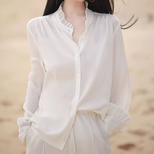 Jeonseon-Long-Sleeve Plain Frill Trim Blouse