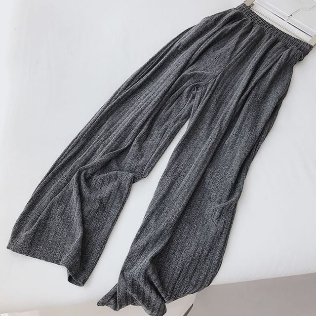 Faiar-Elastic Waist Plain Ribbed Wide Leg Pants