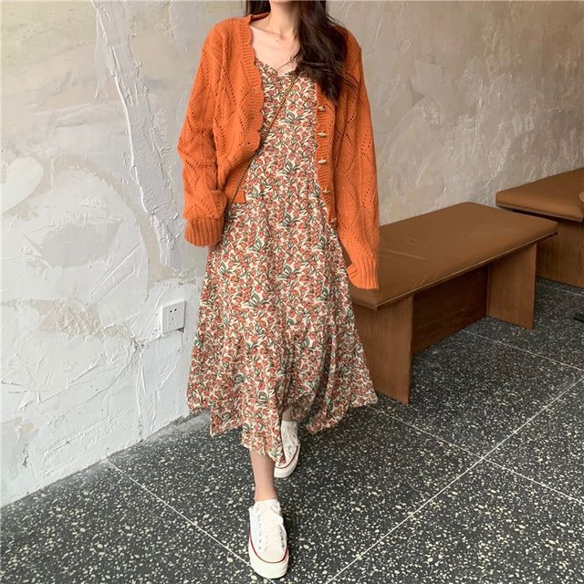 Guajillo - Long-Sleeve Open Knit Cardigan / Floral Overall Dress