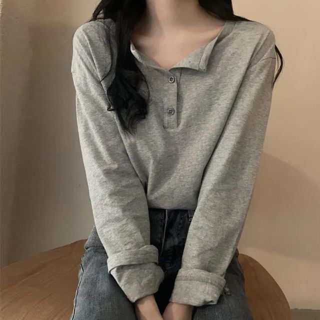 CRIBI-Long-Sleeve Henley Plain T-Shirt