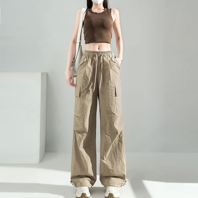 Denimot-Drawstring Waist Plain Baggy Cargo Pants Various Designs