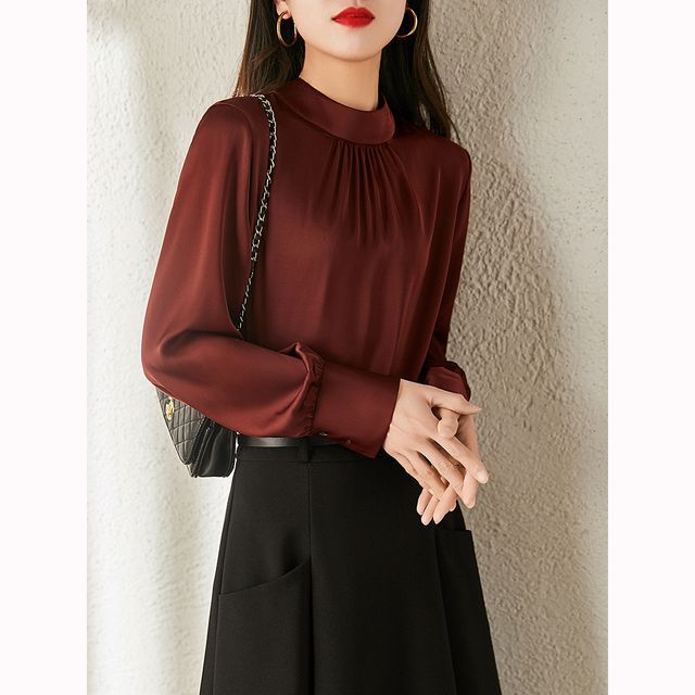 Jeonseon-Long-Sleeve Mock-Neck Plain Blouse