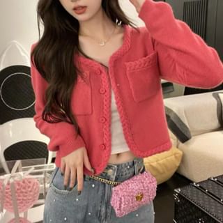 INEN-V-Neck Button-Up Plain Crop Cardigan