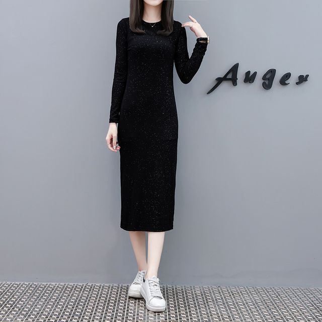 Fancy Show - Glitter Long-Sleeve Midi Sheath Dress | YesStyle