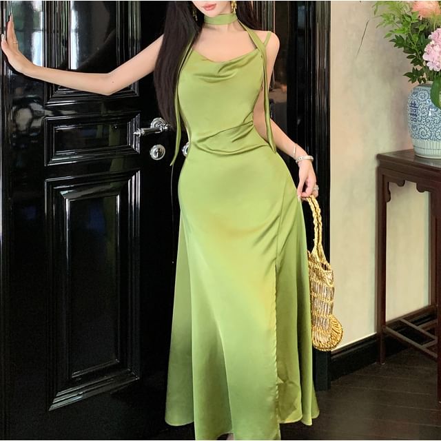 WOW!NITE - Spaghetti Strap Cowl Neck Plain Maxi A-Line Dress | YesStyle
