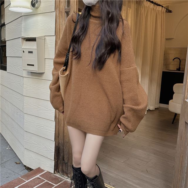Yako-Long-Sleeve High-Neck Plain Sweater