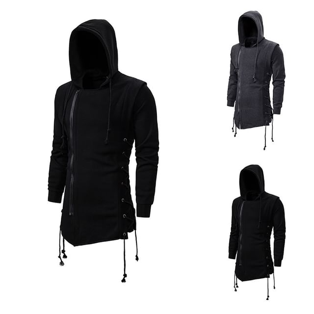 FORSETI-Plain Asymmetrical Hooded Lace-Up Zip-Up Jacket