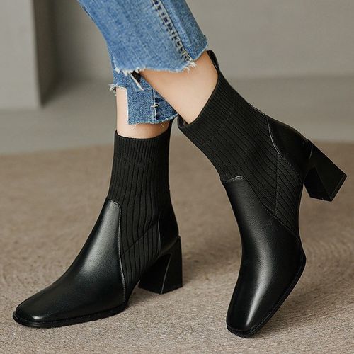 Block-Heel Square Toe Knit Short Boots