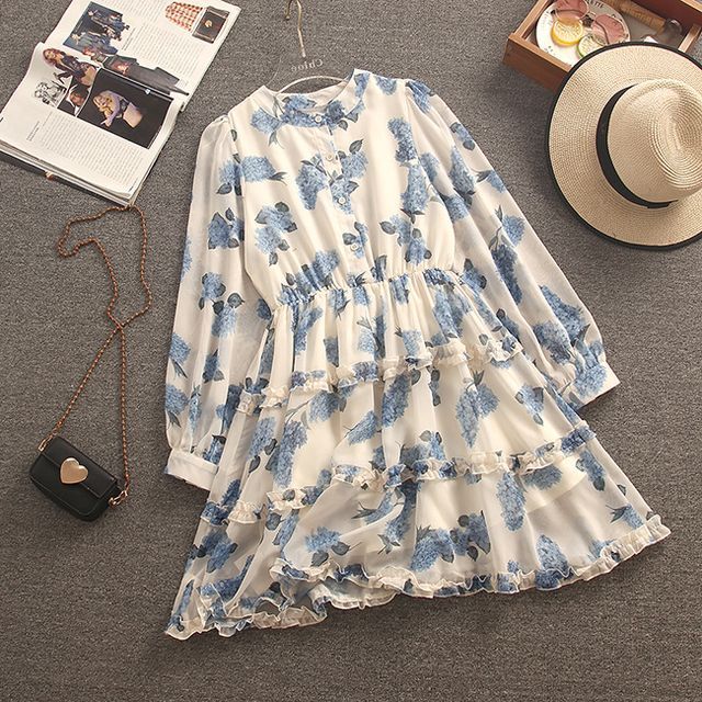 Eilaira - Long-Sleeve Round-Neck Floral Chiffon Dress | YesStyle