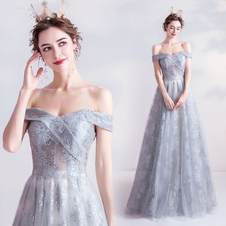 Angel Bridal - Cold-Shoulder Embroidered Mesh A-Line Evening Gown ...