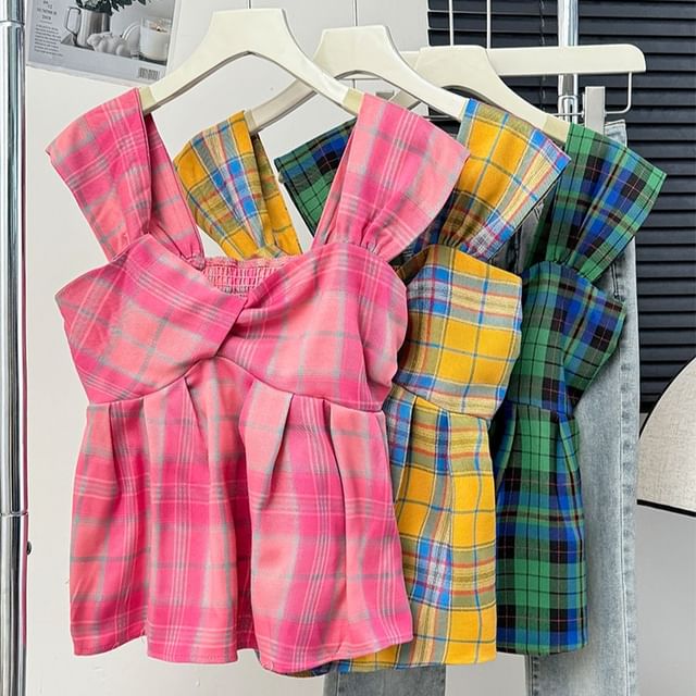 Lemongrass-Asymmetrical Plaid Peplum Top