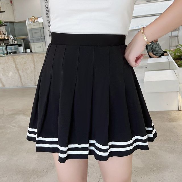Telipino High Waist Contrast Strap Pleated Mini Skirt YesStyle