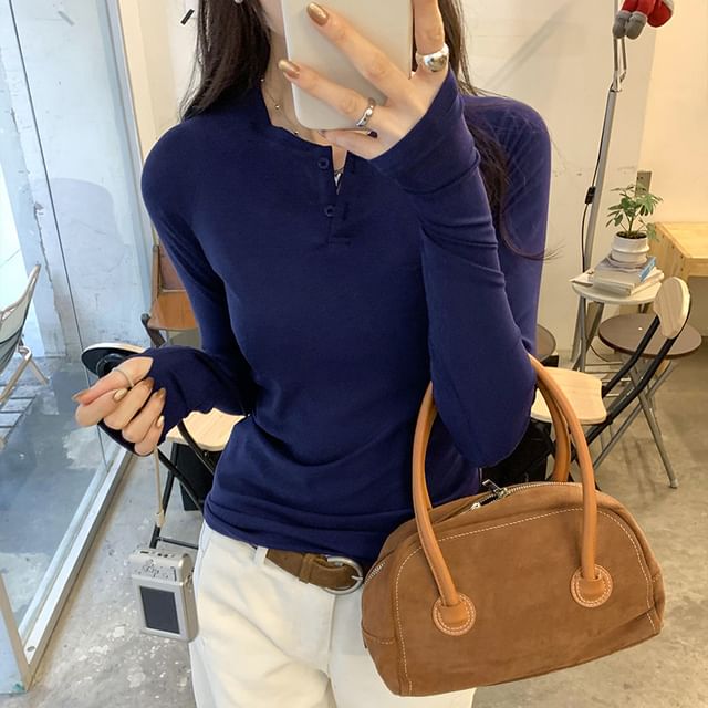 Asiris-Long-Sleeve Plain Henley Tee