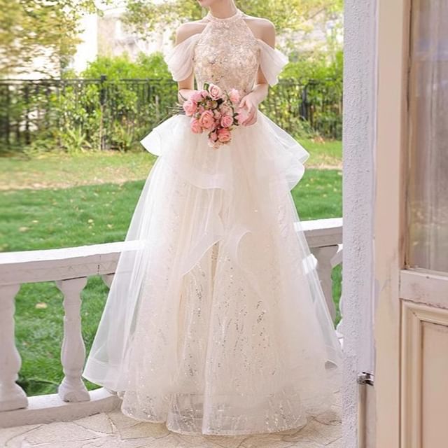 DreesHouse-Halter Cold-Shoulder Sequin Tulle A-Line Evening Gown