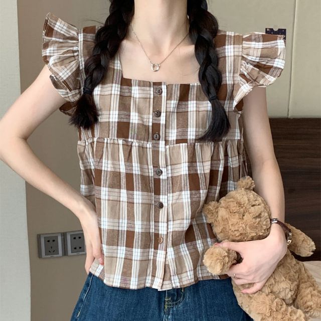 Everose-Cap-Sleeve Square Neck Plaid Blouse