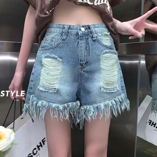 Everose-Mid Waist Washed Distressed Denim Shorts